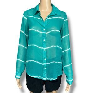 Old Navy Womens Sheer Button Down Blouse Small Teal White Stripe Long Sleeve Top
